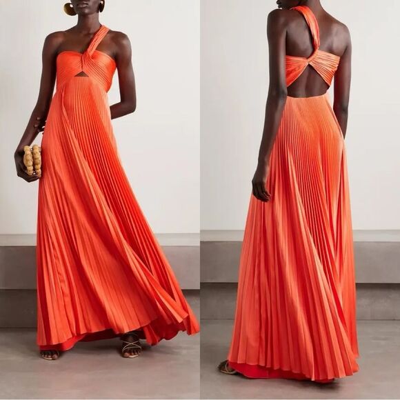 NEW A.L.C. Nessa One-Shoulder Cutout Knotted Pleated Satin Gown - Picture 1 of 11